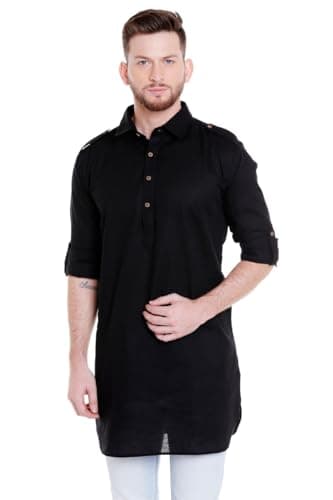 In-Sattva Men's Pullover Pathani Rollup Sleeve Kurta Tunic with Shoulder Strap; Black; Large