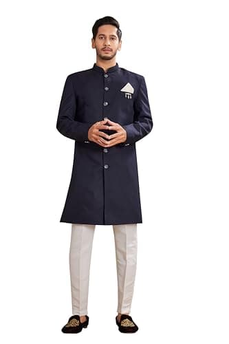 Lady Dwiza Indian Designer Wedding Festive Wear Solid Poly Viscose Blend Indo-Western Sherwani Pajama Set For Men