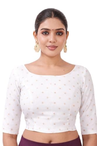 Indian Jacquard Silk Saree Blouse for Women Bollywood Choli Top | Ethnic Crop Top for Wedding, Party, Navratri, Festival Wear, Eid White