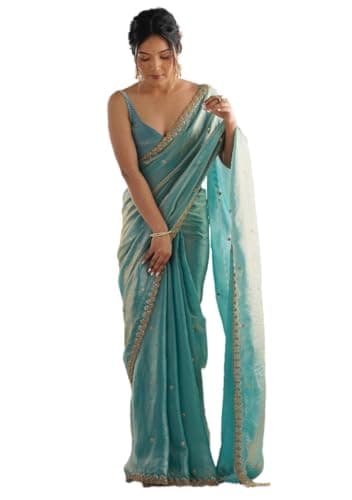 Indya Light Blue Printed Paper Silk Blend Saree Set | Perfect for Festive, Cocktail, Reception