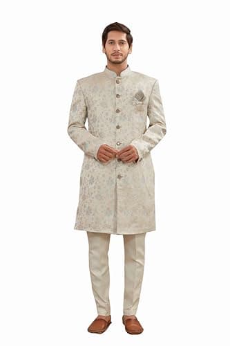 Lady Dwiza Indian Designer Wedding Festive Wear Men's Jacquard Indo-Western Sherwani Pajama Set