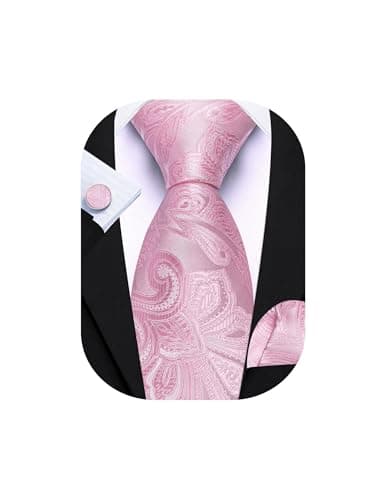 Barry.Wang Blush Pink Tie for Men Paisley Silk Necktie Pocket Square Cufflinks Set Formal Wedding Party Business