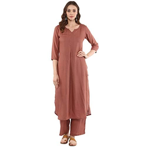 Idalia Rayon Solid Straight Kurta with Palazzo Pant Set - Designer Long Kurta Set, 3/4 Sleeve, Round V Neck, Calf Length (Alpha, 3X_l, Regular, Regular, Rose Gold)