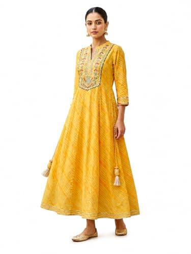 Yellow Leheriya Print Anarkali Kurta with Floral Embroidery, 3/4 Sleeves, Tassel Detail (US, Alpha, Large, Regular, Regular)