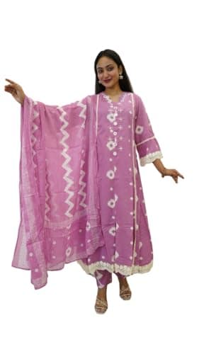 Archy Creations Traditional Anarkali Kurta Set with Pants and Dupatta, Cotton, Red Floral Print, 3/4 Sleeve (Purple, XX-Large)