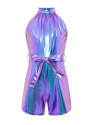Sinleey Kids Girls Metallic Sleeveless Rompers Shiny Halter Neck Belted Shorts Jumpsuits Dance One Piece Outfit Blue 6 Years