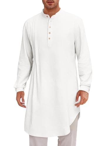 Runcati Mens Kaftan Thobe Cotton Linen Henley Shirt Long Sleeve Robe Casual Muslim Gown Kurta White