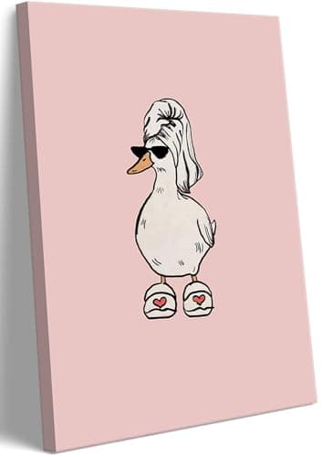 Devunaty Framed Bathroom Decor Quirky Duck In Slippers Canvas Print Pink Humorous Duck Bathroom Wall Art Minimalist Duck Painting Preppy Picture Cool Animal Poster for Bathtub Toilet Decor 12x16in