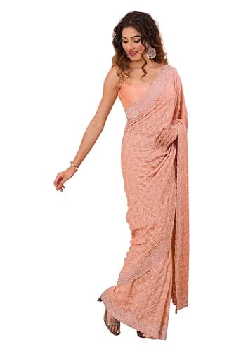 TRENDMALLS Women's Silk Embroidery Zarkan Work Saree with Unstitch Blouse Piece (K1129-Orange)
