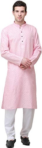 Exotic India Candy-Pink Casual Kurta Pajama Set with Printed Leaves and Bootis Size 42
