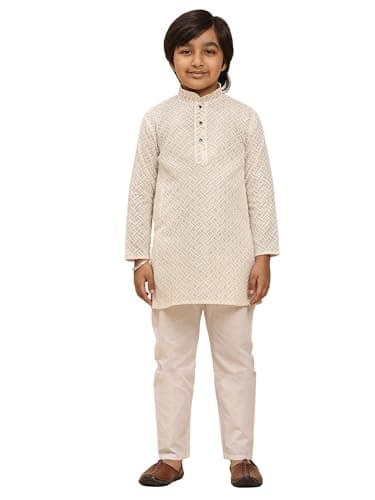 Pro-Ethic Style Developer Pure Cotton Sequined Embroidred Kurta for Boys | Traditional Indian Festive Kurta | Stylish Comfortable Outfit for Weddings | 11-12 Years | White (S-279)