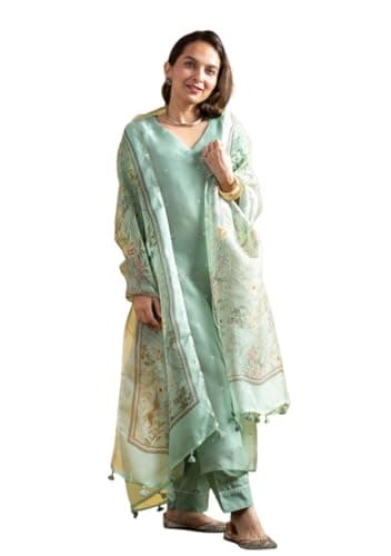 Indya Pista Green Printed Chanderi Straight Kurta Set for Festive | 3/4 Sleeve | Crew Neck | Indian Ethnic Wear