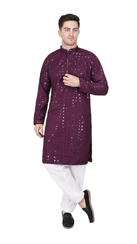 TRILOKI Mens Embroidered Sequined Kurta Pajama Set Rayon Ethnic Indian Traditional Wear Ethnic Diwali Puja Kurta Payjama Set