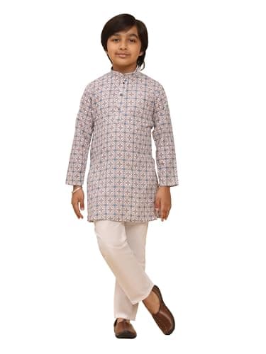 Pro-Ethic Style Developer Cotton Regular Fit Sequence Printed Work Kurta for Boys | Traditional Indian Festive Kurta | Stylish Comfortable Outfit for Weddings | 1-2 Years | Blue (S-277)