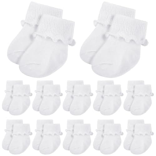 Toulite 12 Pairs Preemie Newborn Baby Ankle Socks Ruffle Turn Cuff Cotton Non-slip Warm Socks for Girls and Boys Infant (Simple Style,0-3 Months,White)