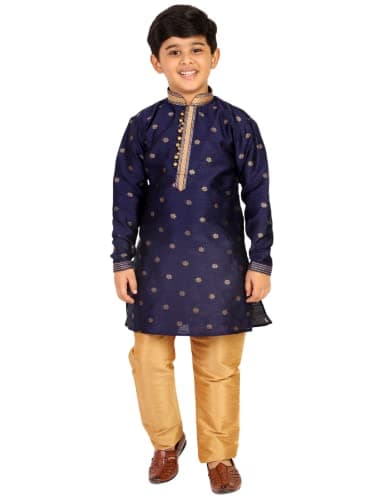 Pro-Ethic Style Developer Boy's Silk Kurta Sets | Jaquard | Kids Ethnic Wear Self Design (S-174 | Navy Blue,13-14 Years)