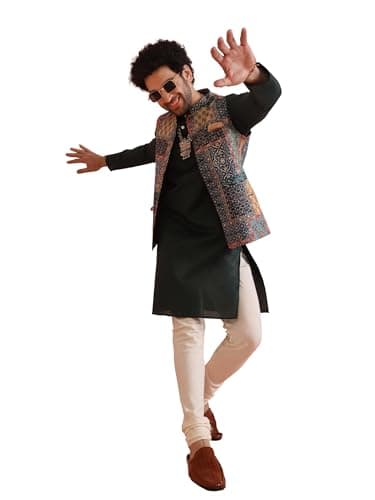 KISAH Men's Kurta with Multi-Color Printed Nehru Jacket & Pajama Set - Indian Ethnic Kurta Set for Weddings & Festivals, Multicolor4, 40