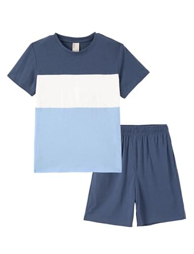 PATPAT Boys Summer Outfits Size 9-10 Years Navy Blue Shirts and Shorts with Pockets, Crew Neck Short Sleeve T-Shirts Stretch Shorts 2 Piece Outfits Boys Short Sets