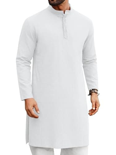 Runcati Mens Kaftan Thobe Long Sleeve Casual Henley Shirts Button Down Kurta Cotton Linen Muslim Gown Robe White