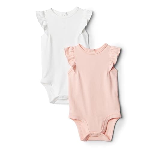 Amazon Essentials Baby Girls' Baby Girls' 2-Pack Sleeveless Ruffle Bodysuit, Light Pink/White, 24 Months