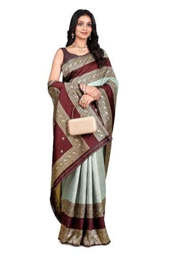 Women's Maroon & rama Banarasi Soft Silk Saree with Rich Woven Zari Border | Traditional Ethnic Party Wear Saree with Unstitched Blouse Piece