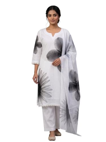 ladyline Womens Cotton Digital Printed Kurta Pants Set with Handwork (48/ White)