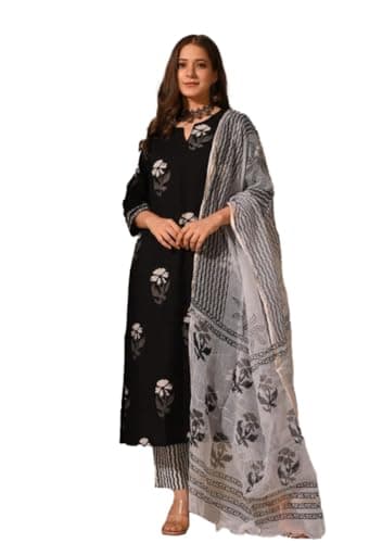 Indya Black Floral Print Cotton Straight Kurta Set for Casual | 3/4 Sleeve | Salwar Kameez