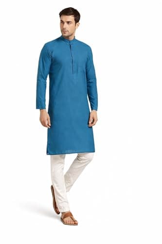 HOME ARCHIVE Men's Pure Cotton ONLY Long Kurta Mandarin Collar Ethinic Wear Casual Fashion Regular Indian Dress Gift for Men (US, Alpha, Large, Blue)