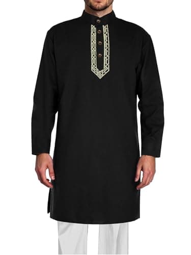 AQEWK Men’s Kurta Kaftan Robe - Long Sleeve Cotton Linen Muslim Henley Shirt for Ramadan, Prayer & Daily Wear Black