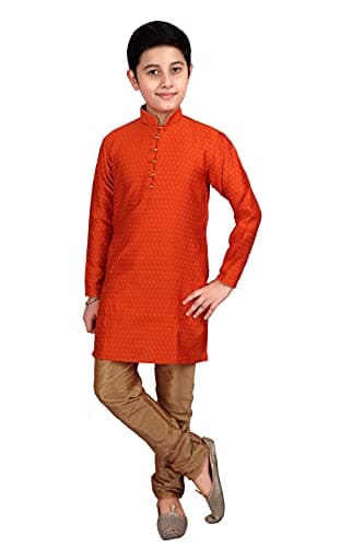 Pro-Ethic Style Developer Kid's Indian Clothing Traditional Wear Silk Kurta Sets for Boys | Pack Of 1 (Orange, 11-12 Years)