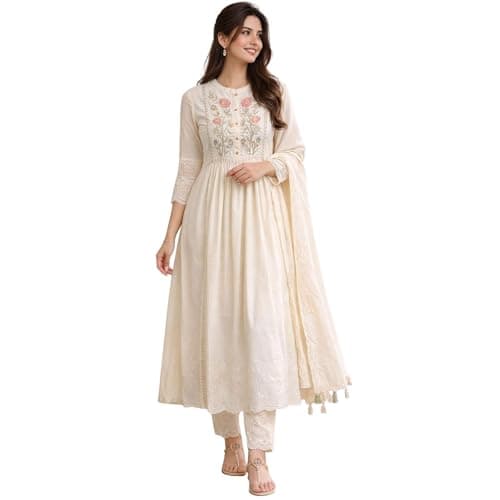 Women's Dobby Cotton Anarkali Kurta Set with Pant and Dupatta - Embroidered Maxi Dress for Women and Girls Long Kurti Ethnic Party Wear Indian Outfit (Large)
