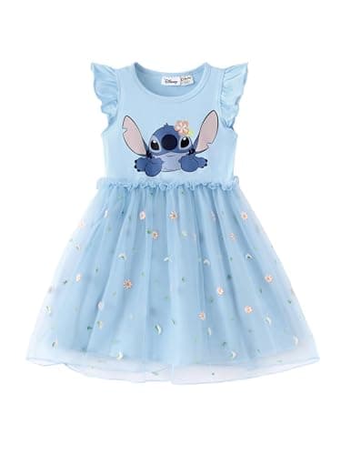 Disney Lilo & Stitch Toddler Girl Dresses Ruffle Short Sleeve Sparkle Tulle Skirt Summer Birthday Party Clothes Flower Girls’ Dress Glitter Mesh Outfit Ball Gown Prom Holiday Decoration Gift Blue 2T