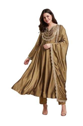 Parvdi Women's Silk Embroidered Kurta and trousers with Dupatta designer Salwar Kameez Suit Gold