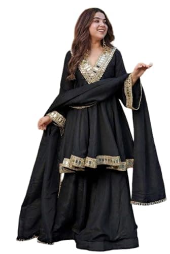 The Red Lion Enterprise Women Chinon Silk Mirror Work Kurti Sharara Dupatta Set | Cream Ethnic Party Wear 3 Piece Outfit (US, Alpha, X-Large, Regular, Regular, Black)