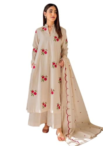 Indya White Embroidered Cotton Pakistani Suit Set for Festive | Long Sleeve | V-Neck | Salwar Kameez | Kurta Set