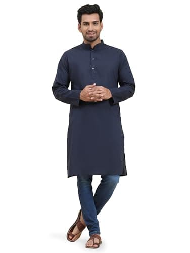 SKAVIJ Mens Cotton Kurta Casual Long Sleeve Henley Shirt Band Collar Kaftan Robe (X-Large, Blue)