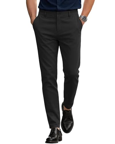 DOWMQ Mens Dress Pants Formal Slim Fit Trousers Stretch Expandable Waist Suit Pants Skinny Tapered Slacks with 4 Pockets Black, 34W30L