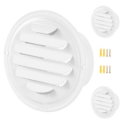 Gisafai 2 Pcs Round Soffit Vent Cover 4 Inch Stainless Steel Louvered Grille Metal Air Vent Covers with Built in Fly Screen Mesh for HVAC Ventilation House Flat Garage Exterior (White)