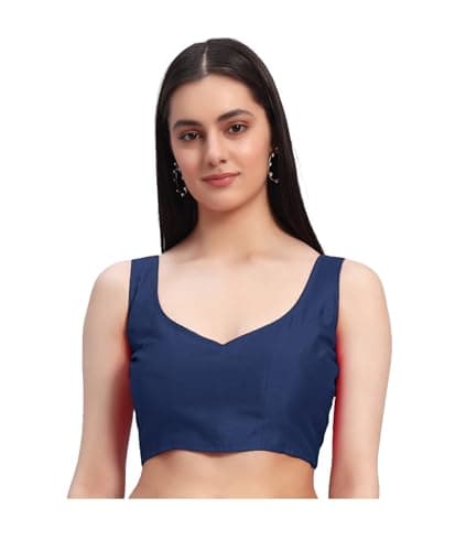 HSD Womens Readymade Solid Sleeveless Silk Saree Blouse for Women Ethnic Choli Crop Top Blouse for Party Wear Navy Blue XL