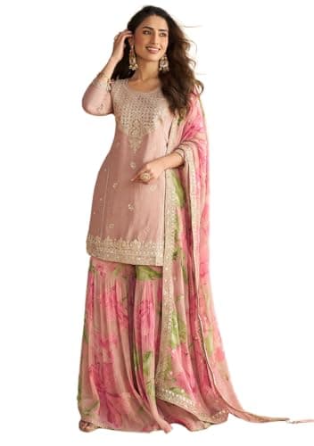 Indya Pink Embroidered Chinon Sharara Set for Festive | 3/4 Sleeve | Crew Neck | Salwar Kameez | Kurta Set