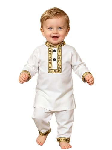 Sinleey Baby Boys Ethnic Style Kurta Pants Set 2-Piece Ramadan Eid Outfit for Festival & Photoshoot White 9-12 Months