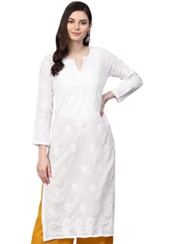 Ada Hand Embroidered Chikankari White Cotton Kurta for Women A100344 (3XL)