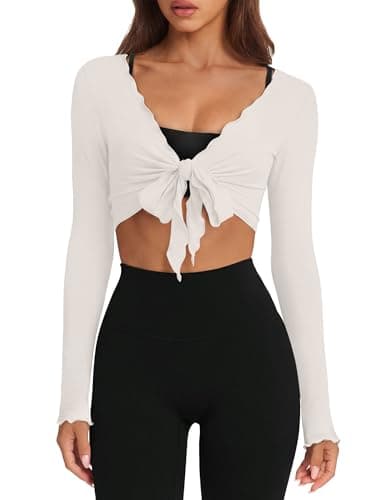 Women's Tops V Neck Workout Sets for Women Pilates Outfits White Tops for Women Gym Clothes Long Sleeve Ballet Wrap Top S
