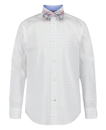 Tommy Hilfiger Boys' Long Sleeve Dress Shirt with Bow Tie, Collared Button-Down with Cuff Sleeves, White Geo Print, 18