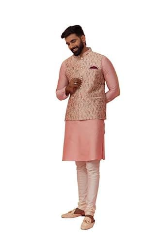 KISAH Men's Multi Kurta Jacket Churidar Set Silk Blend Jacquard Full Sleaves, Knee Length, Straight, Regular Fit, Ethnic, 44