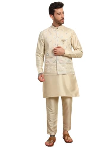 Pro-Ethic Style Developer Mens Heavy Cotton Silk Sequence Kurta Trouser Set With Waistcoat (Nehru Jacket) (C-118) Gold Medium
