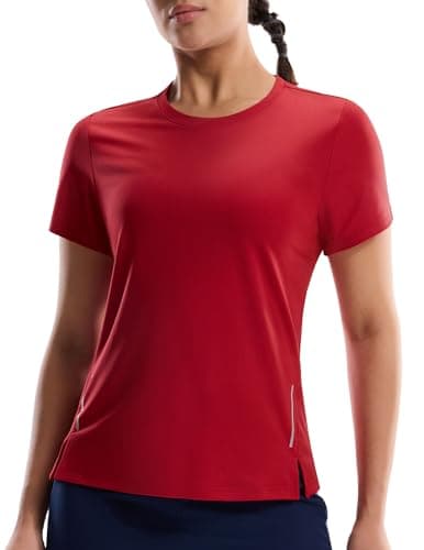 MIER Short Sleeve Running Shirts for Women, Moisture Wicking & Quick Dry Workout Athletic T-Shirt, Cool MAX Gym Tops, Red, M