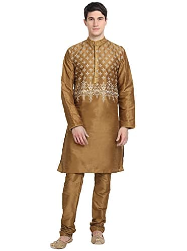 SKAVIJ Men's Dupion Silk Woven Design Kurta Pajama Set Ethnic Motifs Festive Ethnic Dress (KP079brown_Brown_M)