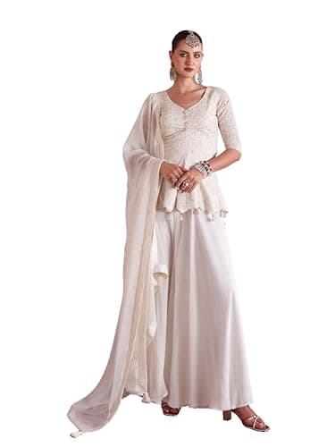 TRENDMALLS Women's Georgette Embroidery Sequence Work Kurta Palazzo with Dupatta For Women (G286-White-L)