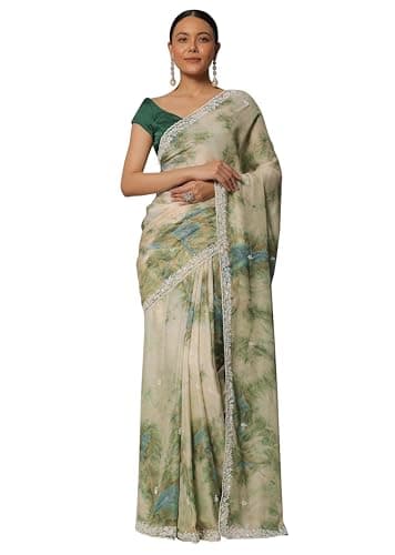 TRENDMALLS Women's Georgette Digital Printed Embroidery Saree with Unstitched Blouse Piece (K1137-Green-)